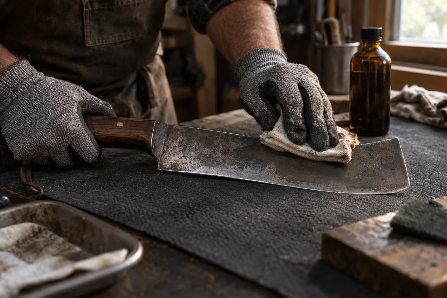 Gloved hands steady a patinated chopper by its wooden handle while a folded cloth wipes the flat, with an amber bottle behind.