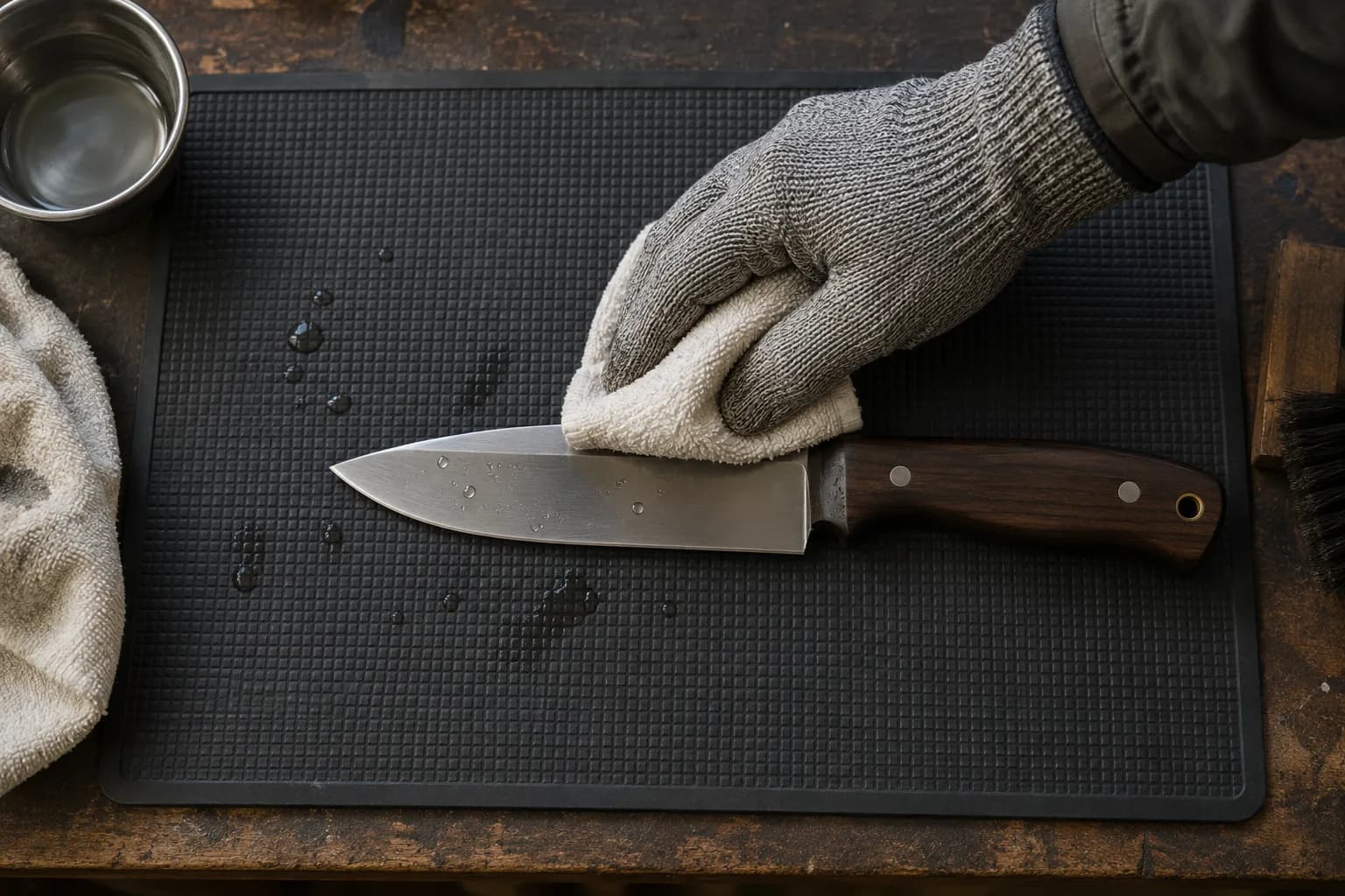 Gloved hand presses a folded towel onto the spine side of a wood-handled knife lying on a black nonslip mat with water drops.