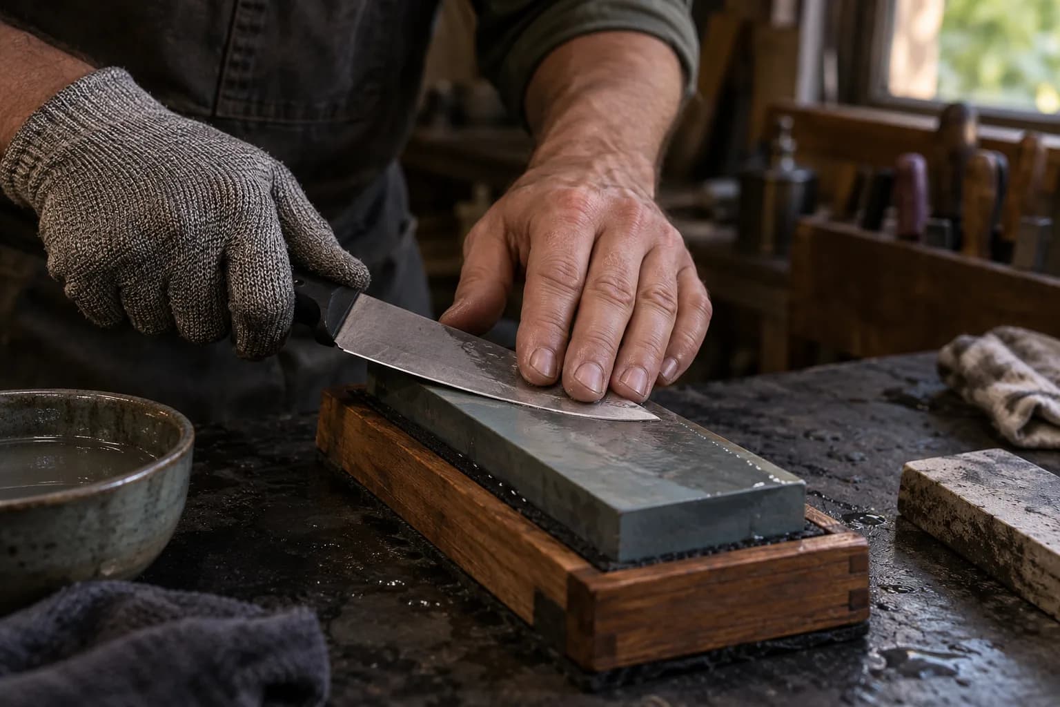 Gloved hand holds a knife handle while bare fingers guide the blade on a wet sharpening stone in a wooden holder.