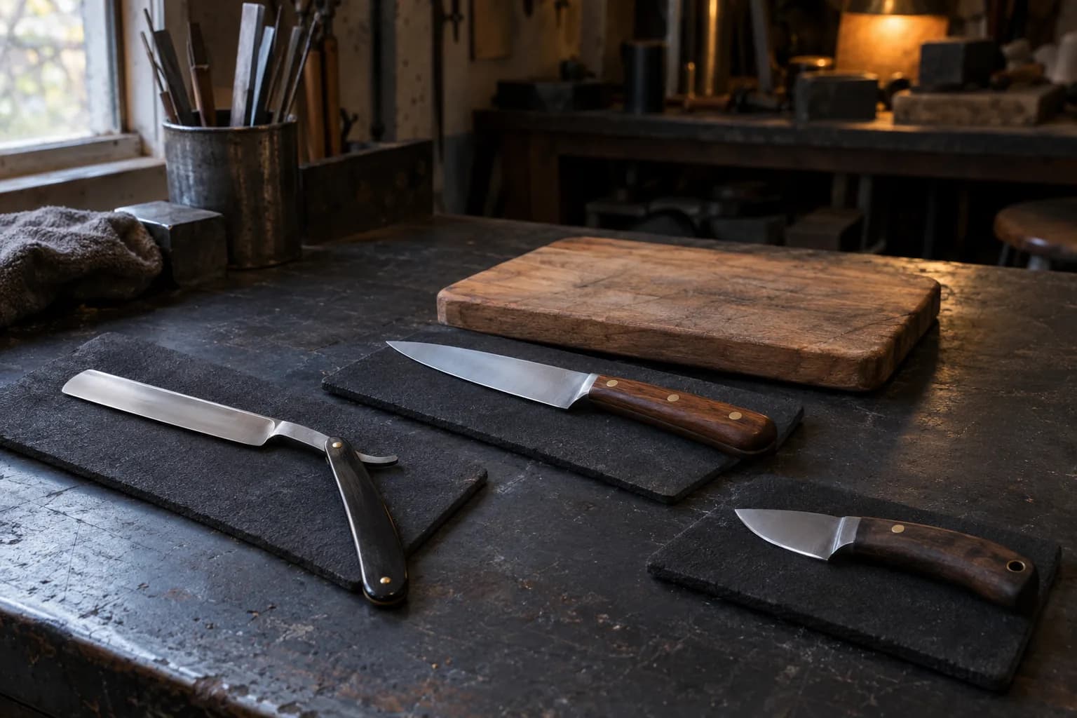 Straight razor, kitchen knife and small fixed utility knife rest on separate black pads on a worn bench, wood board behind.