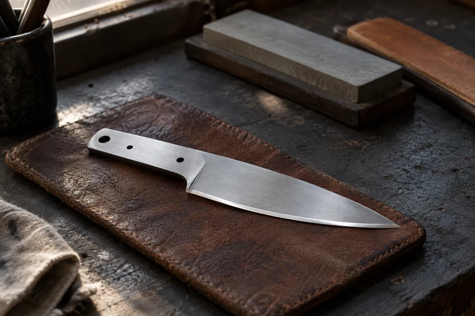Satin knife blade with a bright narrow edge bevel on a worn leather pad, beside a bench stone and a leather strop.