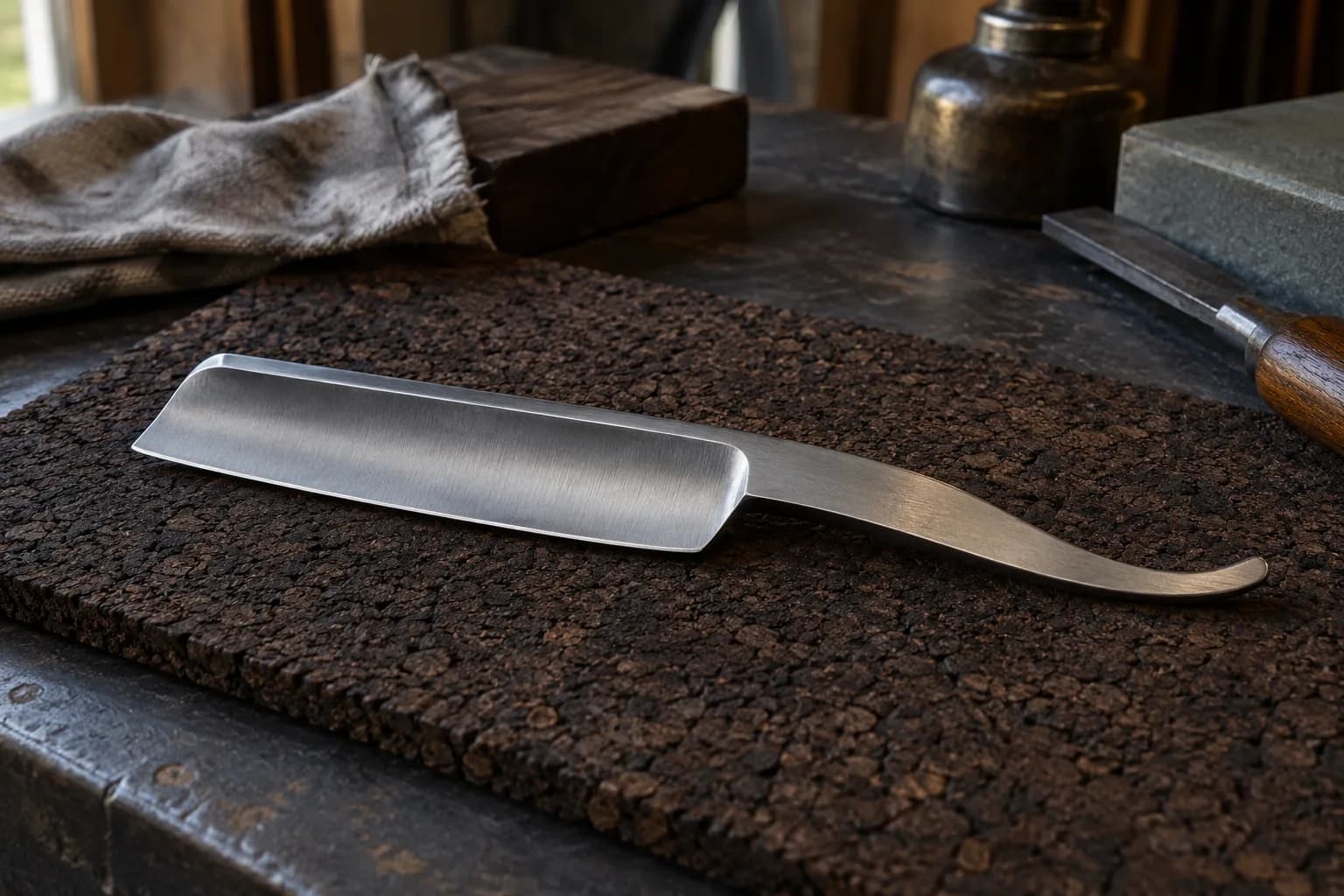 Plain steel straight-razor blank with hollow-ground face and curved shank lying on a dark cork pad on a shop bench.