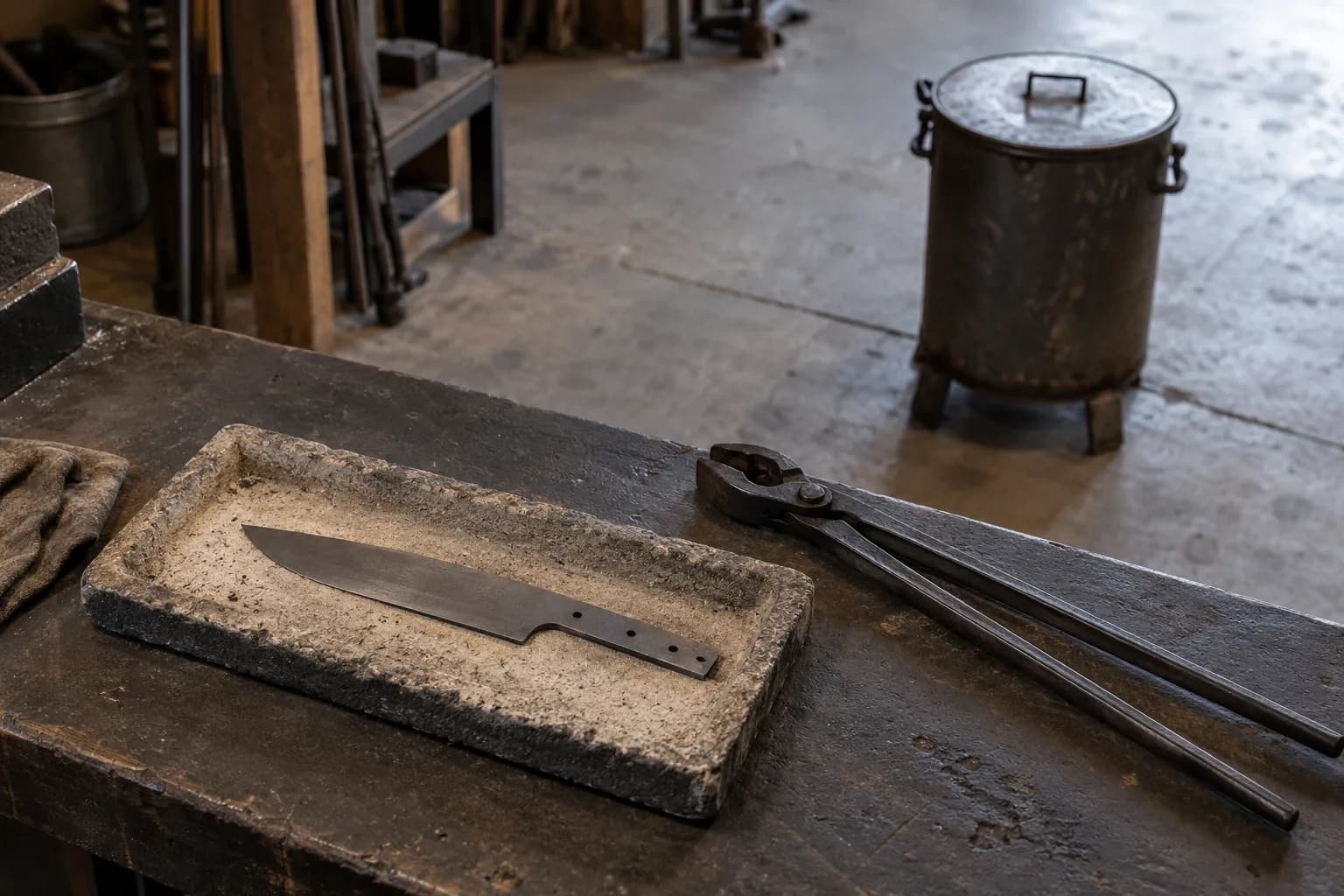 Cold knife blank in a rough refractory tray beside long tongs on a worn bench, with a lidded steel tank on the floor beyond.