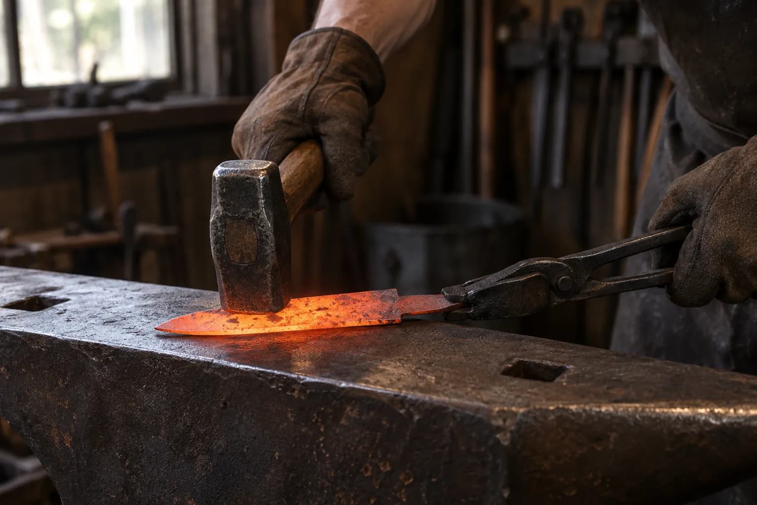 Gloved hands hammer a glowing orange knife blank on an anvil while long tongs hold the tang.