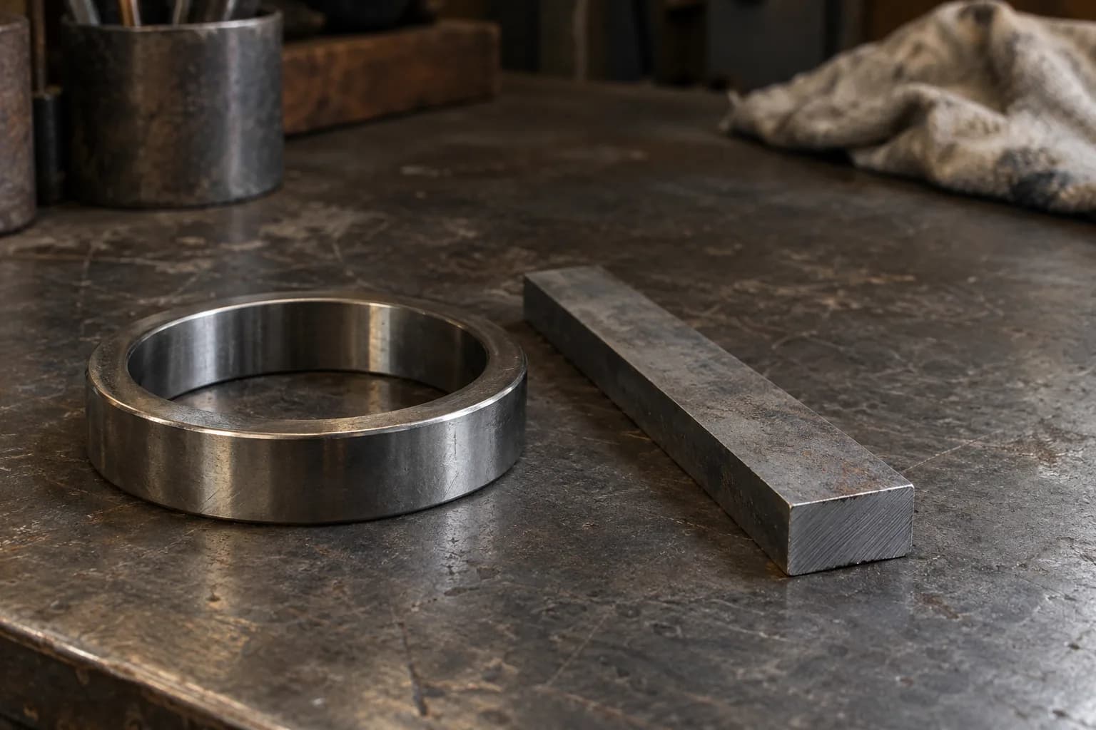 Plain steel bearing ring and a rectangular carbon-steel flat lying side by side on a scratched, worn steel workbench.