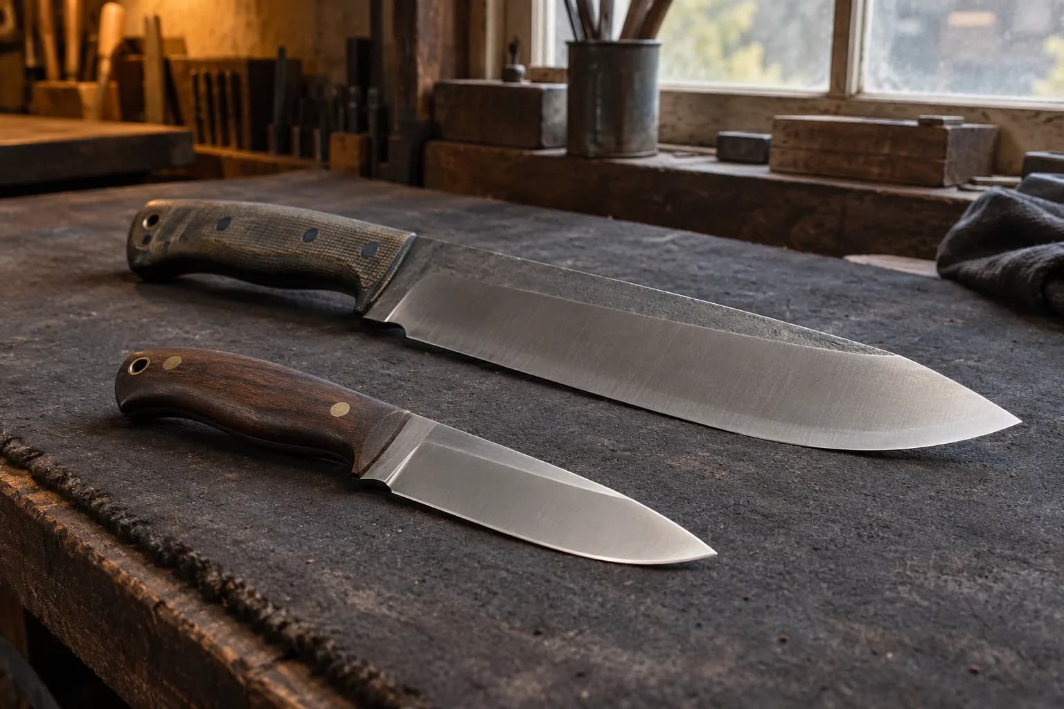 Small hunting knife with a dark wood handle lying in front of a large broad-bladed knife with a green canvas-micarta handle on a charcoal bench.