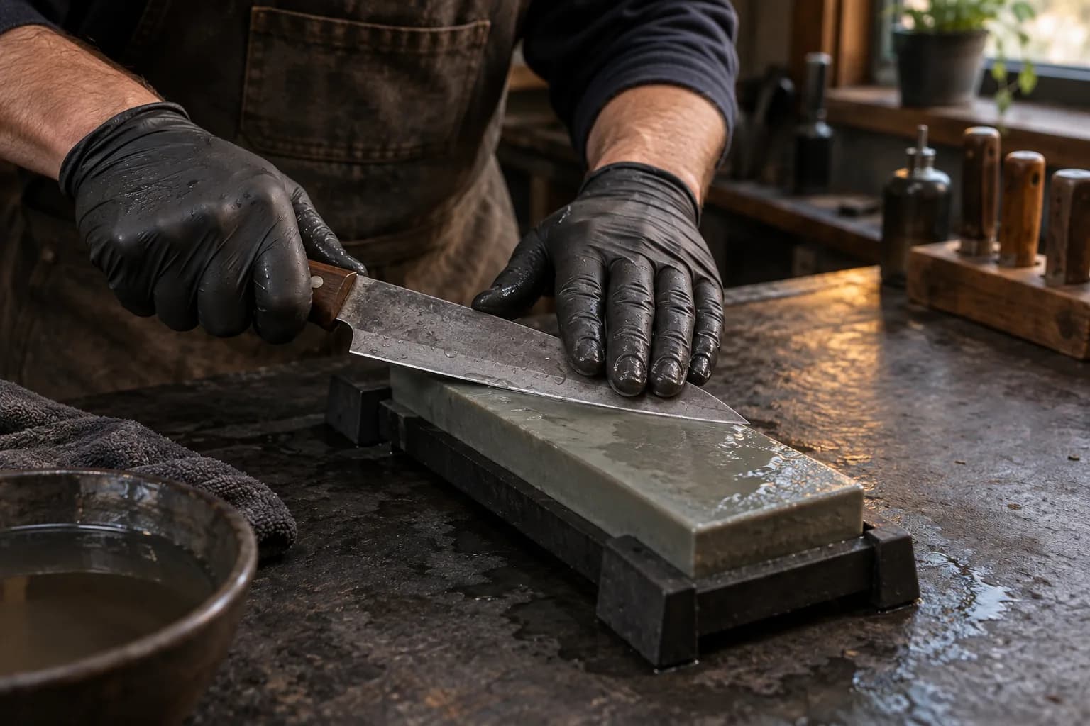 Gloved hands draw a utility knife across a wet stone held in a nonslip holder, with a water bowl and towel beside it.