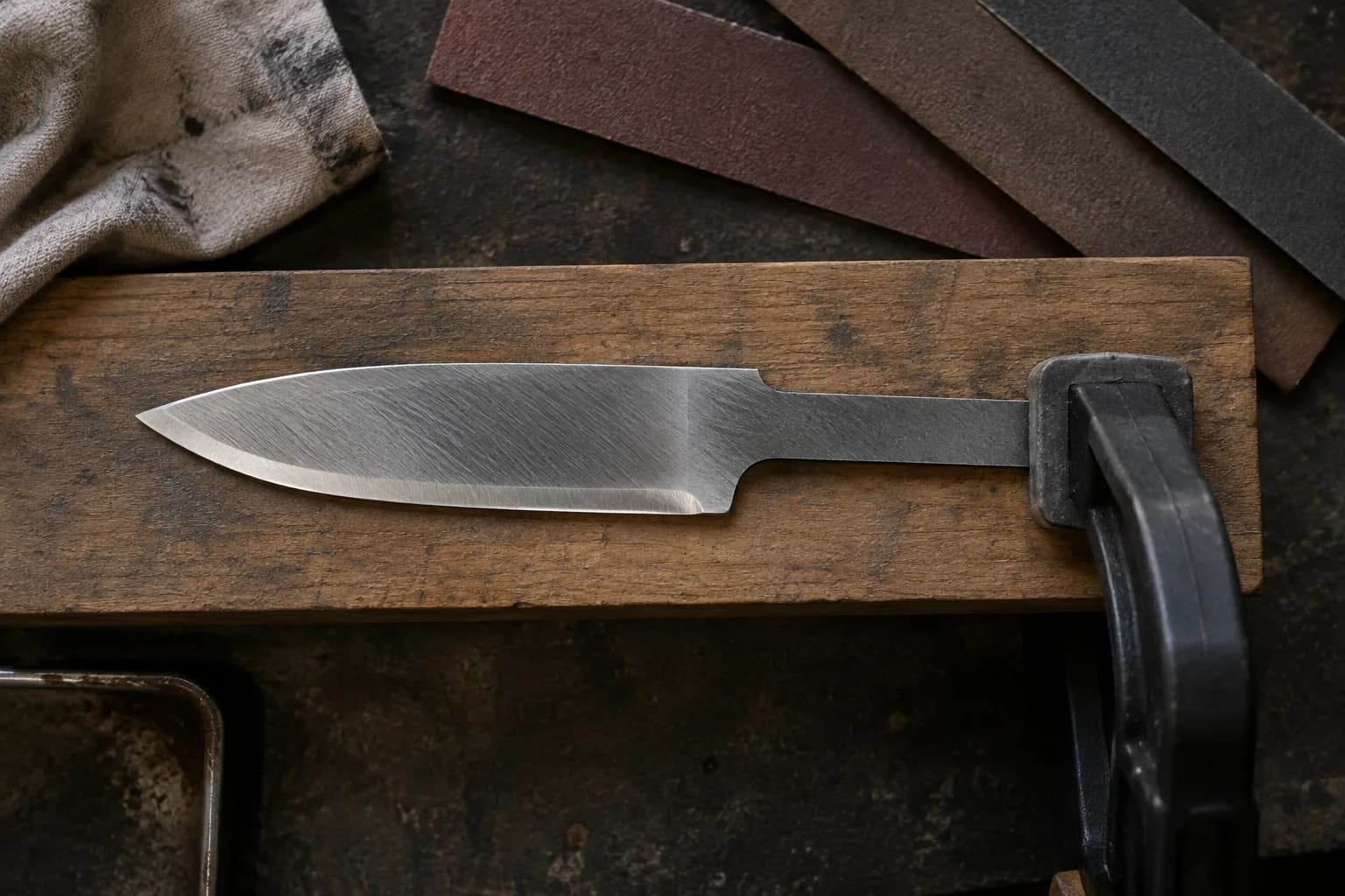 Unhandled knife blank with fine scratches lying on a wooden sanding board, tang clamped, with plain abrasive strips beyond it.