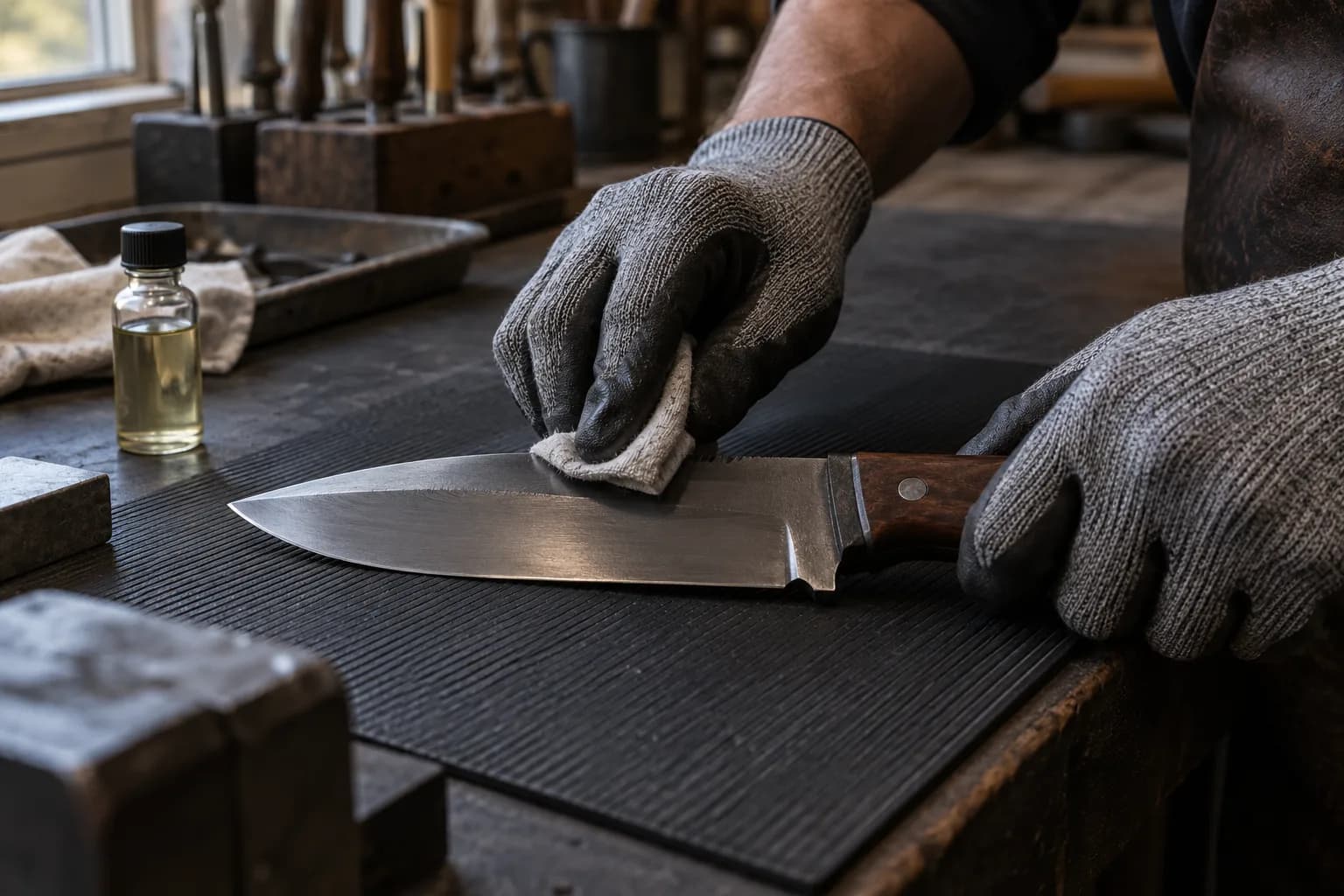 Gloved hand wipes a thin film of oil along the flat of a fixed blade lying on a rubber mat, with an oil vial nearby.