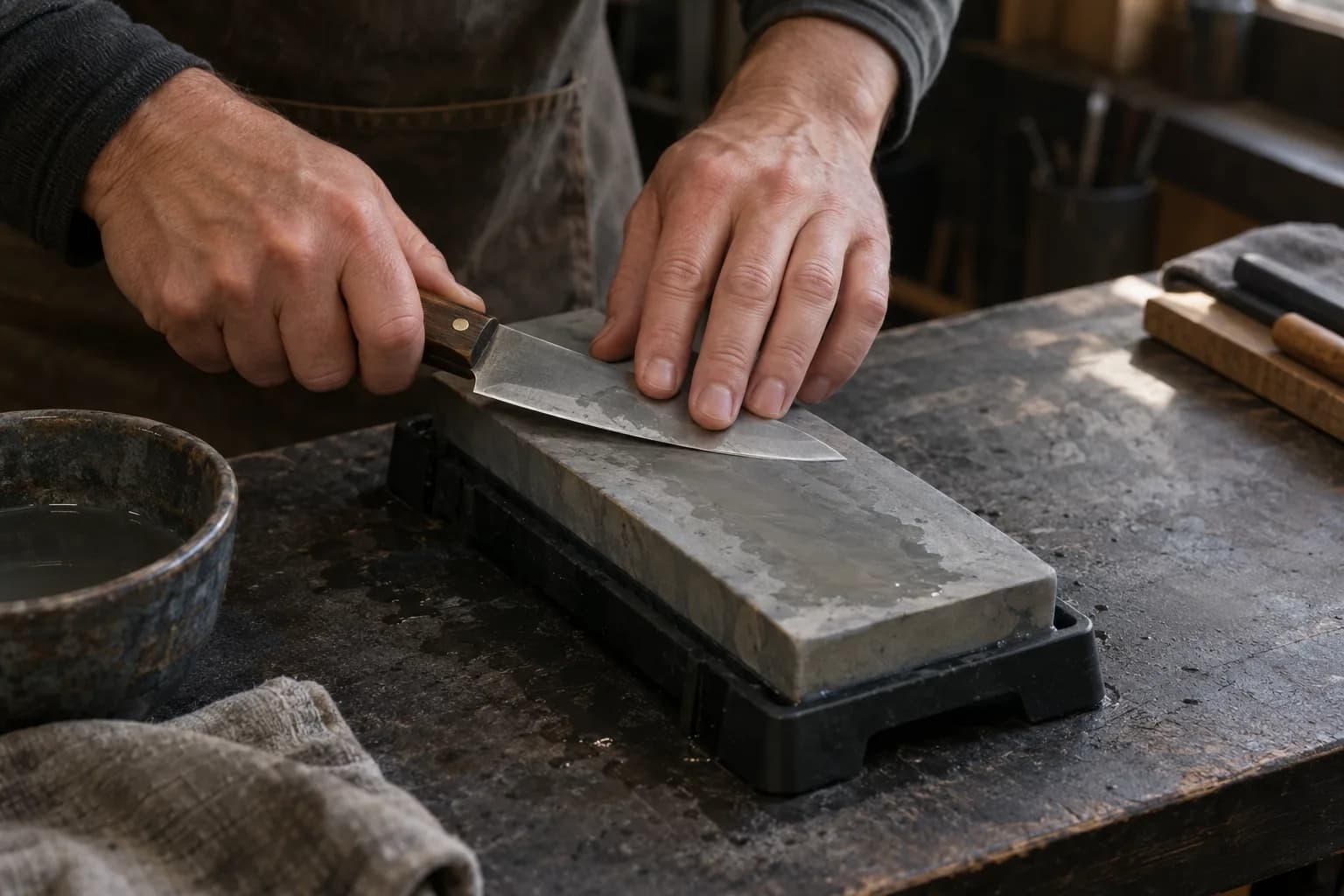 Two bare hands hold a small fixed knife flat on a wet gray bench stone in a black holder, with a water bowl beside it.