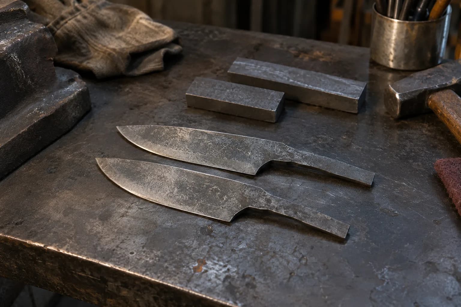 Two rough knife blanks with tangs lie on a worn steel bench in front of two short steel bar offcuts, near an anvil and hammer.