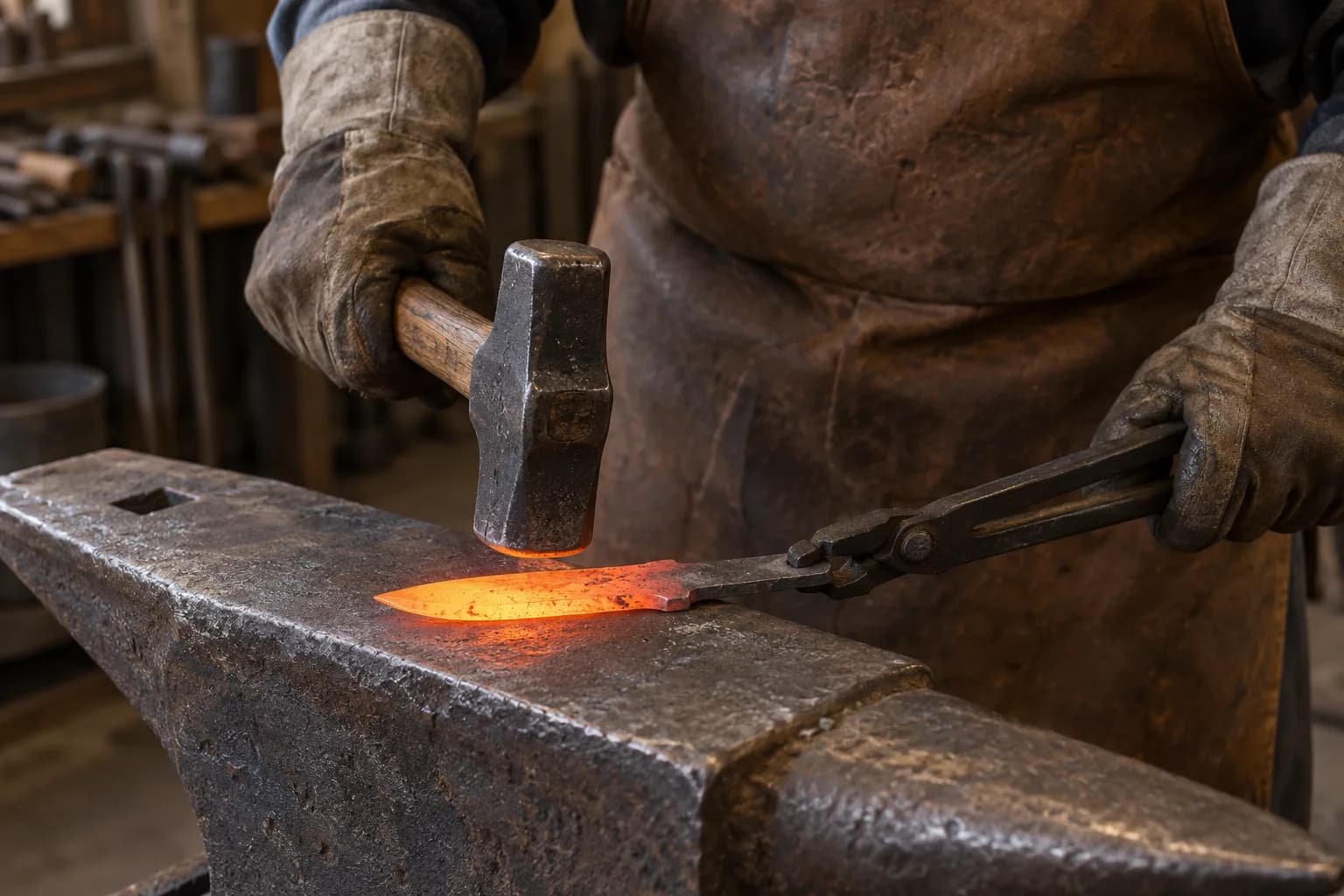 Gloved smith holds a glowing orange knife blank on an anvil with long tongs as a hammer comes down onto it.