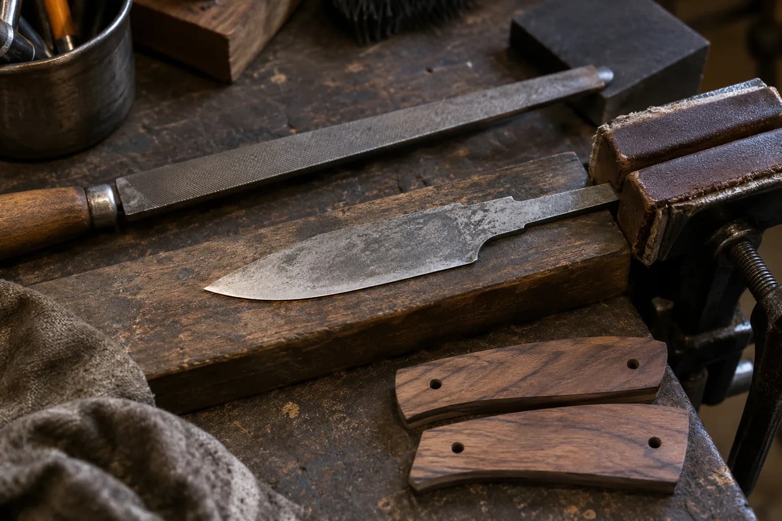 Cold drop-point knife blank on a wooden block, tang in padded vise jaws, with a file and two walnut handle scales nearby