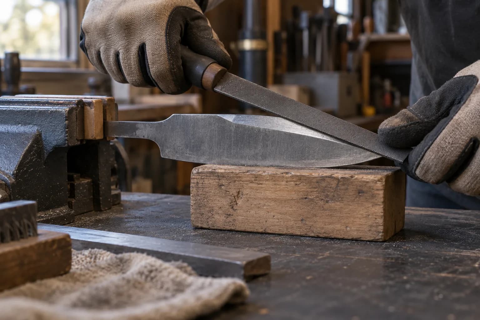 Gloved hands drawing a plain file across a blade blank held by its tang in a vise and resting on a wood block.