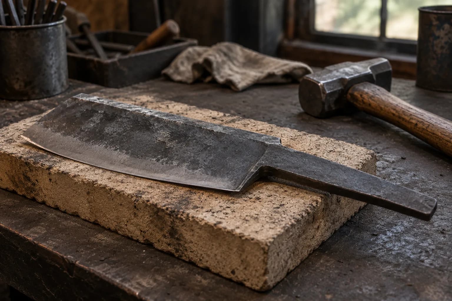 Rough forged chopper with hammered faces and a thick flat tang lying cold on a firebrick beside a hammer.
