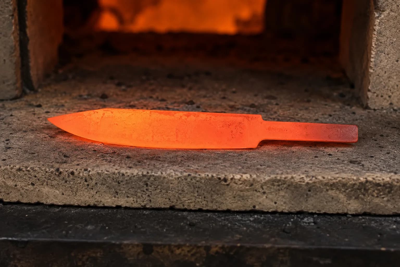 Plain knife blank glowing evenly orange on a refractory shelf in front of a forge opening.