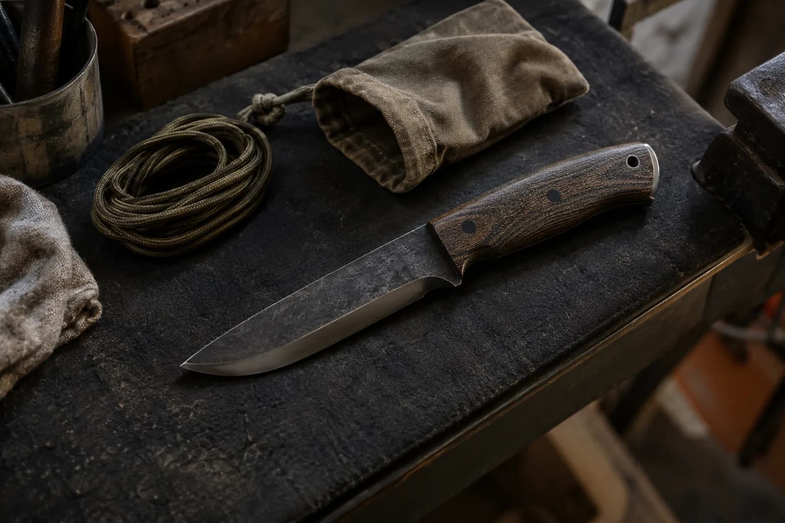 Outdoor fixed-blade knife with a dark wood pinned handle lying on a charcoal bench beside a cord coil and a canvas pouch.