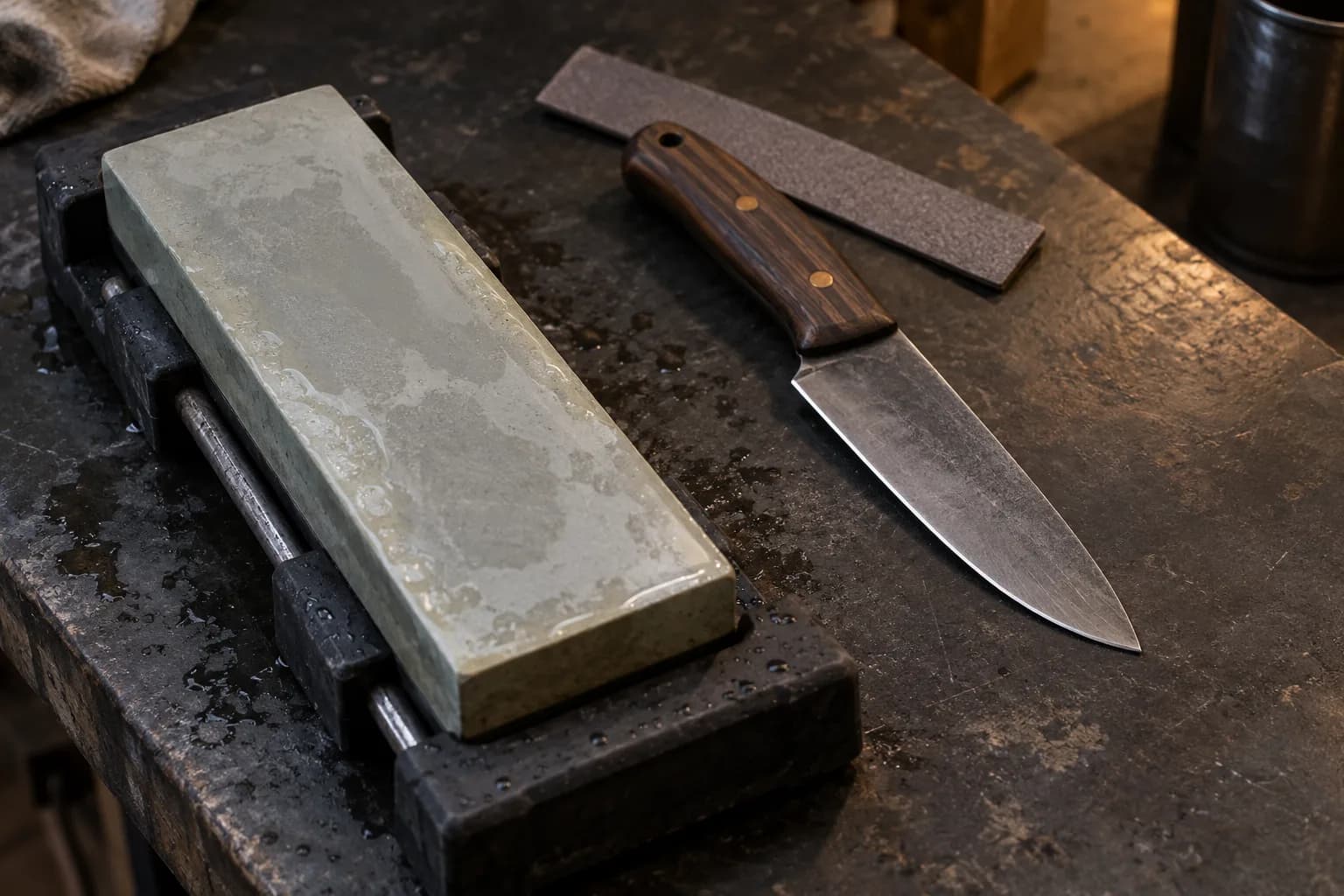 Plain carbon knife with pinned wood handle lying beside a wet stone in a black nonslip holder and an abrasive strip.