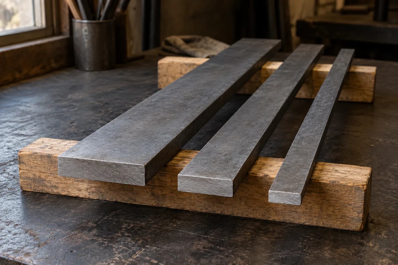 Three flat steel bars of different widths lying across two wooden battens on a dark bench, cut ends facing forward.