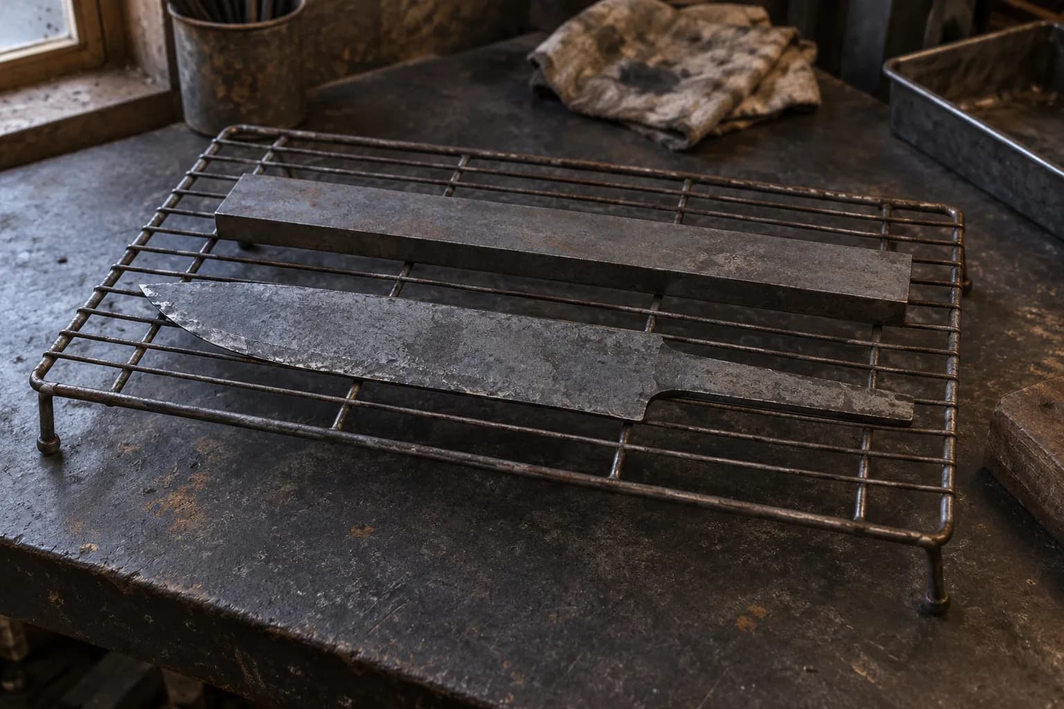 Dark scaled rough knife blank with tang on a wire cooling rack beside a plain steel flat bar.