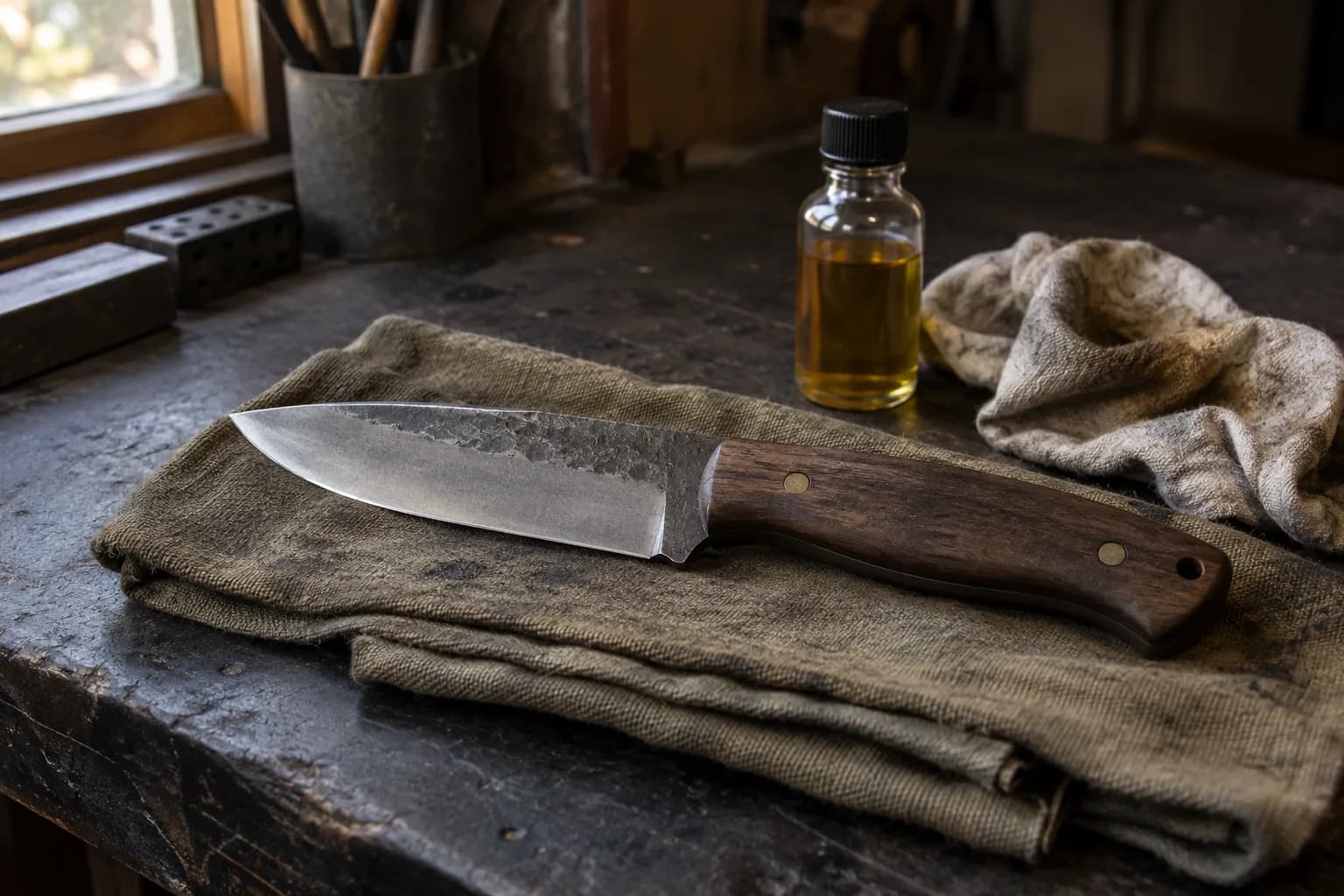 Fixed knife with walnut handle rests on a folded cloth beside a clear oil vial and a rumpled rag on a dark bench.