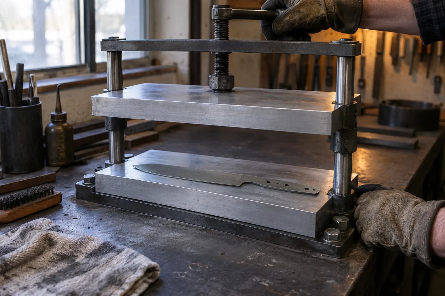 Gloved hands work the screw of a guided plate fixture; a flat blade blank lies on the lower plate beneath the raised upper plate.