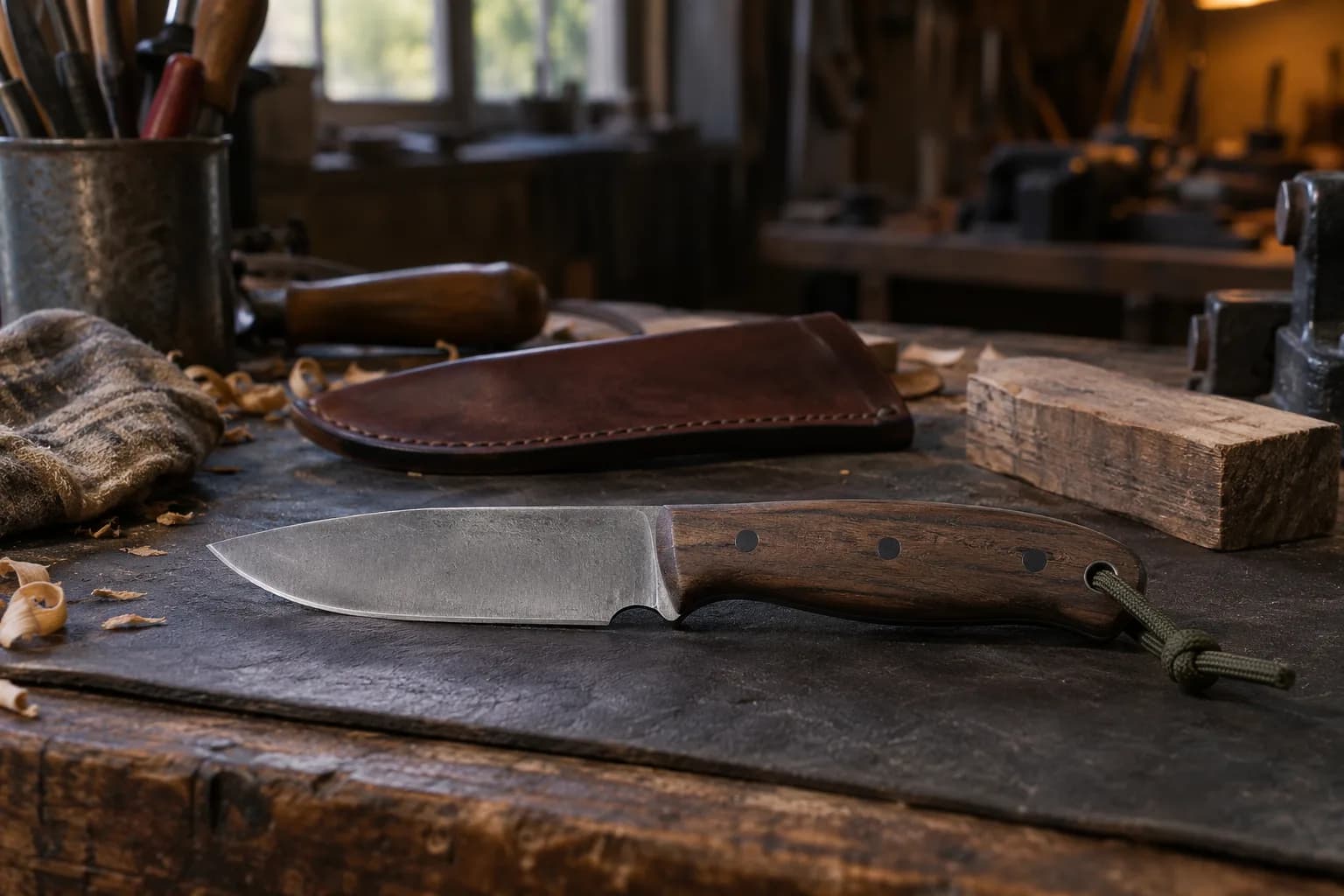 Stout fixed-blade knife with a walnut handle and cord lanyard lies on a leather pad before its sheath and a wood offcut.