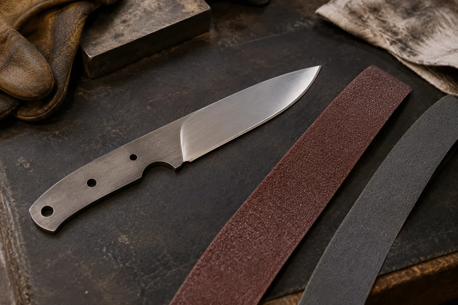 Ground knife blank with a bright blade beside a coarse maroon abrasive strip and a finer gray strip on a dark bench.