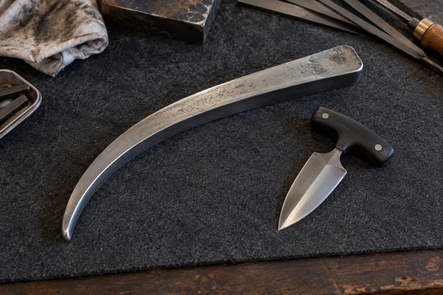 Thick, blunt curved steel display claw blank lying beside a small black-handled T-grip push dagger on dark felt.