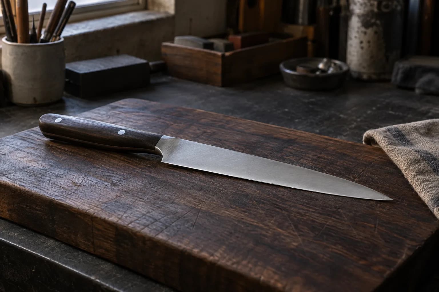 Slim kitchen knife with a dark wood handle lies diagonally on a worn wooden board in a small workshop.