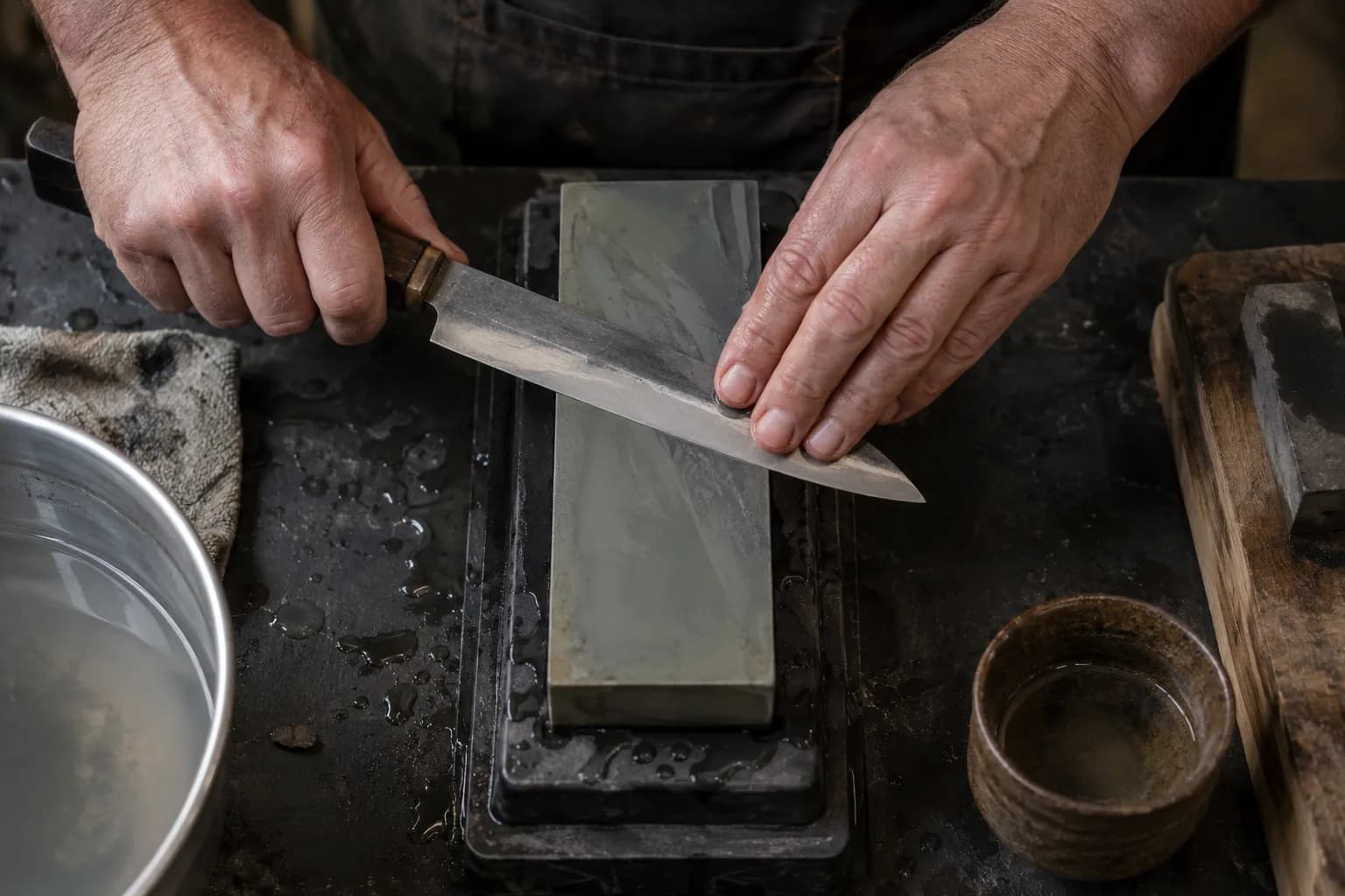 Two hands hold a thin kitchen blade across a wet bench stone in a nonslip holder, fingertips pressing the flat.