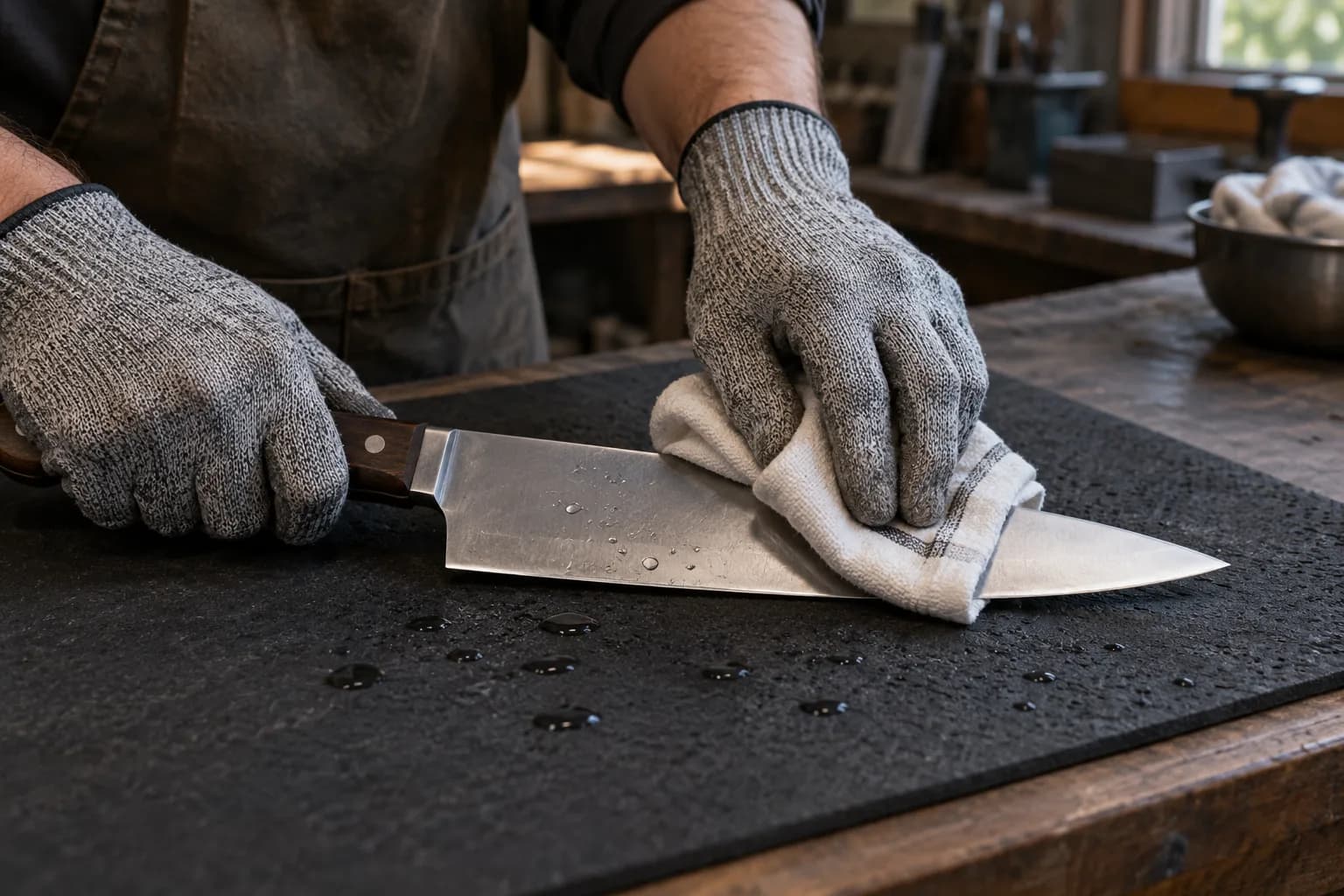 Gloved hands hold a chef's knife flat on a dark mat and dry the blade with a folded white towel, water drops nearby.