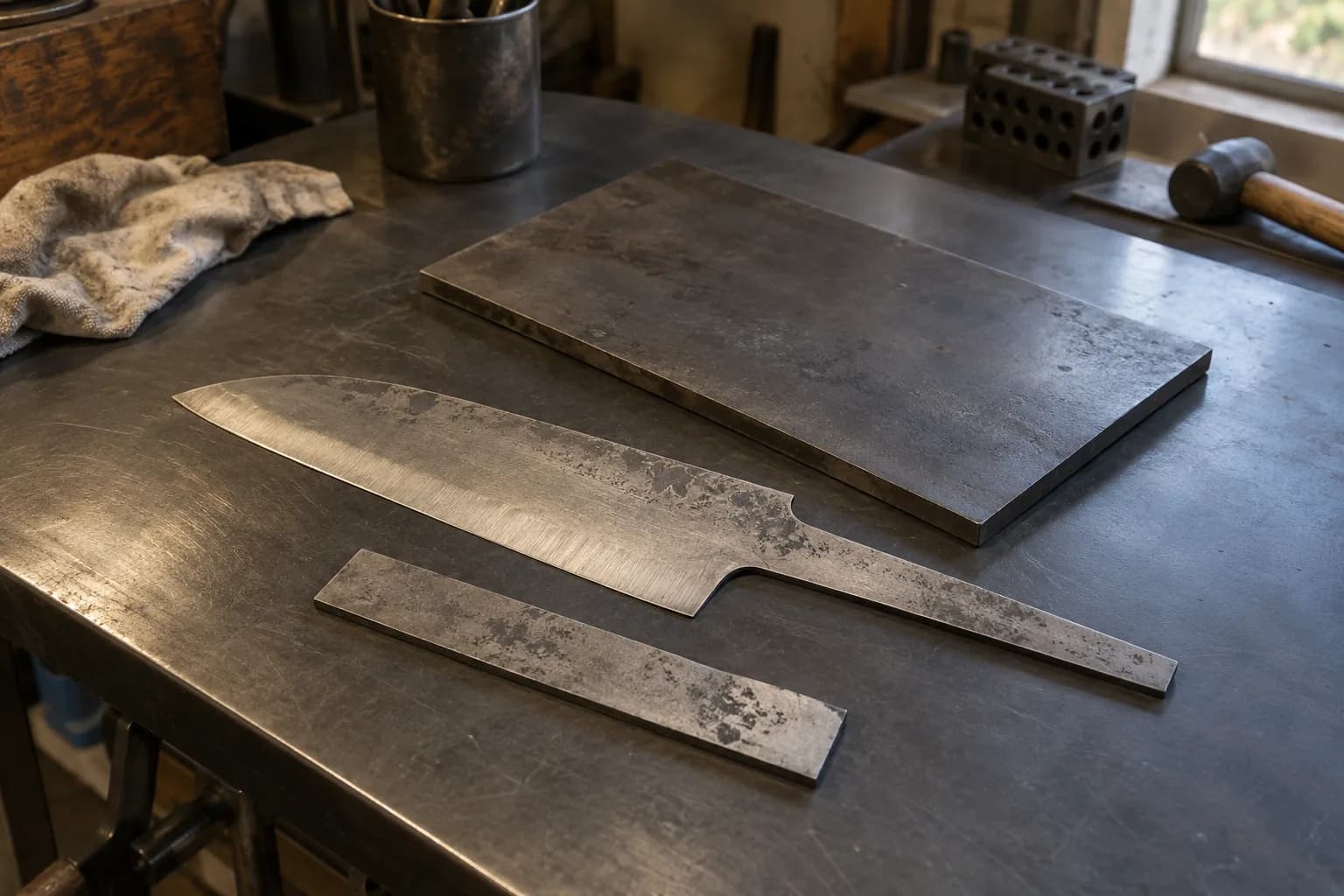 Kitchen knife blank with long tang, a bar offcut and a flat steel plate lie flat on a worn steel workbench.