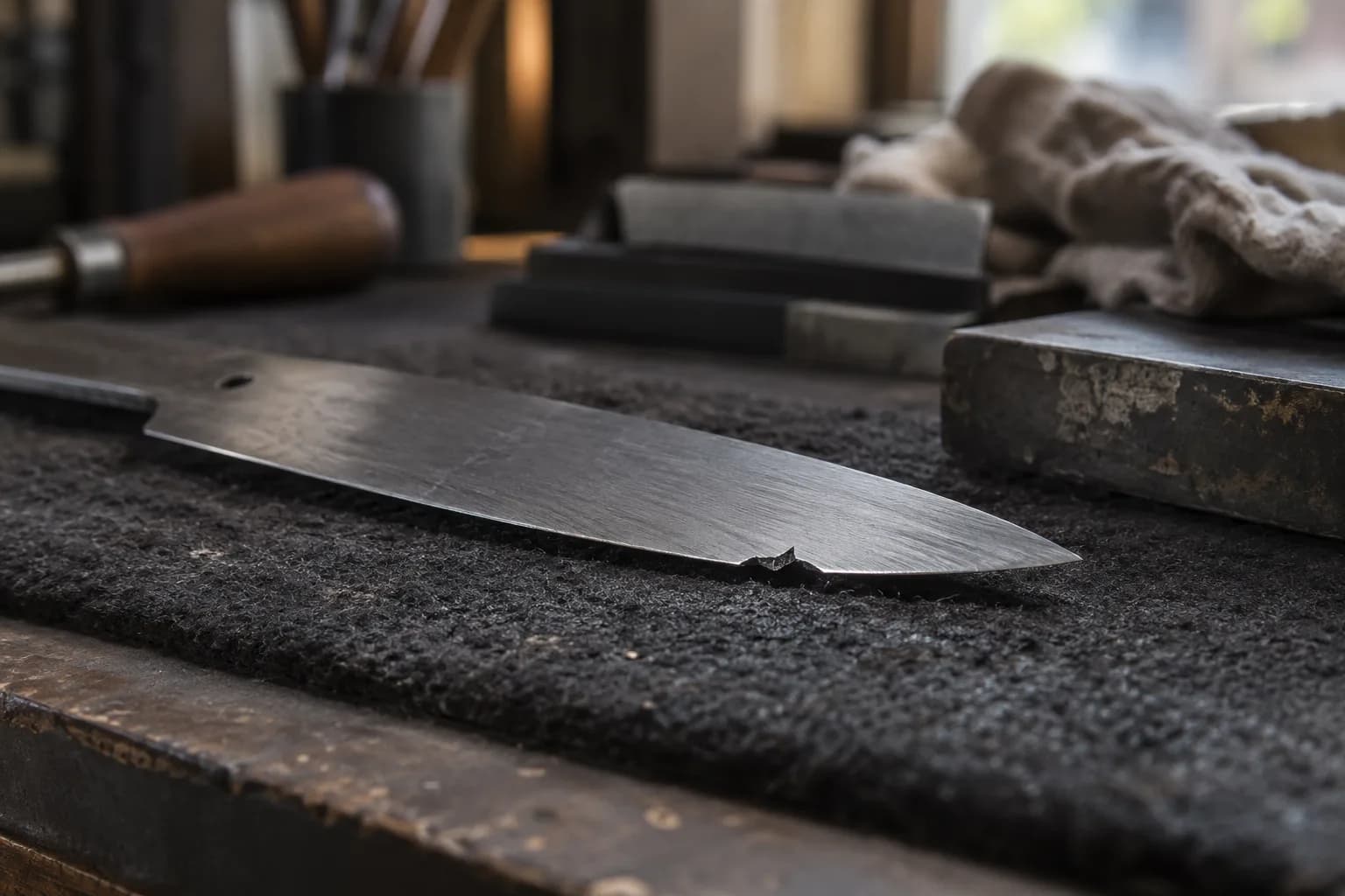 Cold kitchen-style knife blade on a dark felt pad with a small jagged chip near the tip, tools blurred behind.