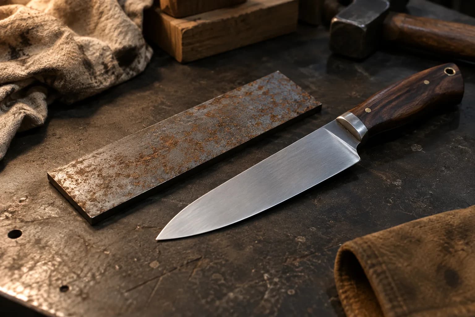 Rust-flecked steel coupon lying beside a clean polished knife with a dark wood handle on a worn bench.