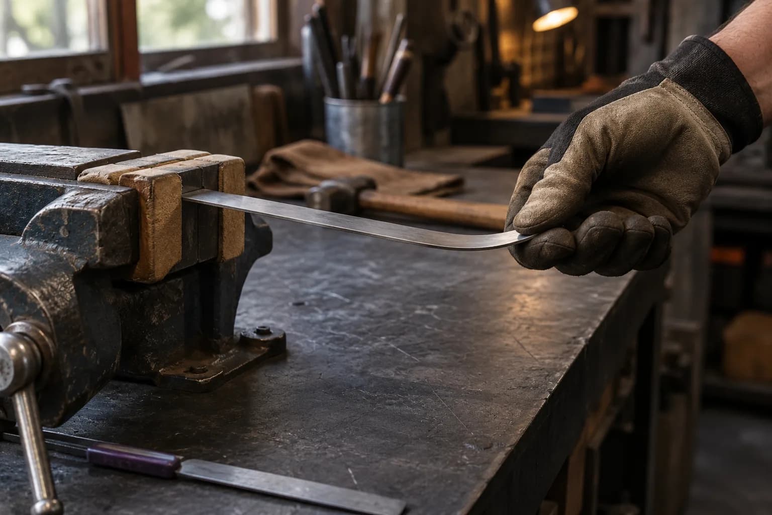Narrow spring-steel strip clamped in a wood-padded bench vise while a gloved hand gently flexes its free end.