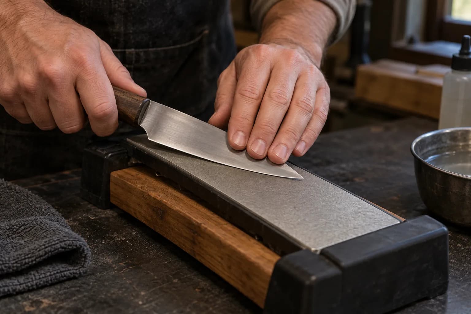 Hands hold a knife at a low angle on a diamond sharpening plate clamped in a nonslip holder, oil bottle and water bowl nearby.