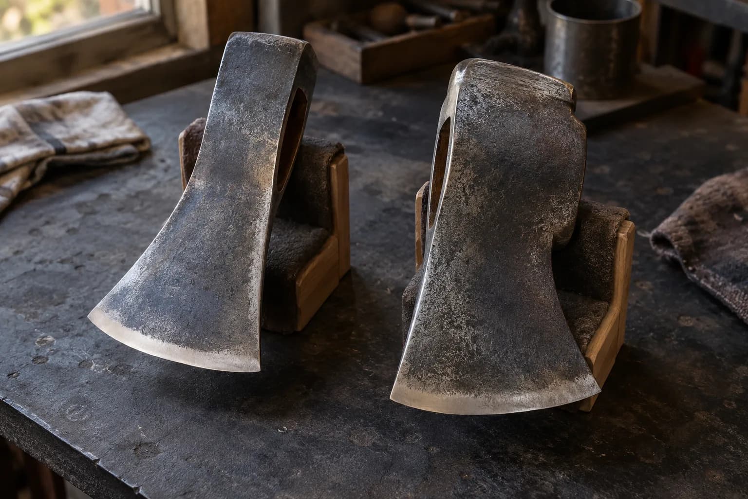 Two axe heads, one lean and one stout, propped on padded wooden cradles on a dark workbench near a window.