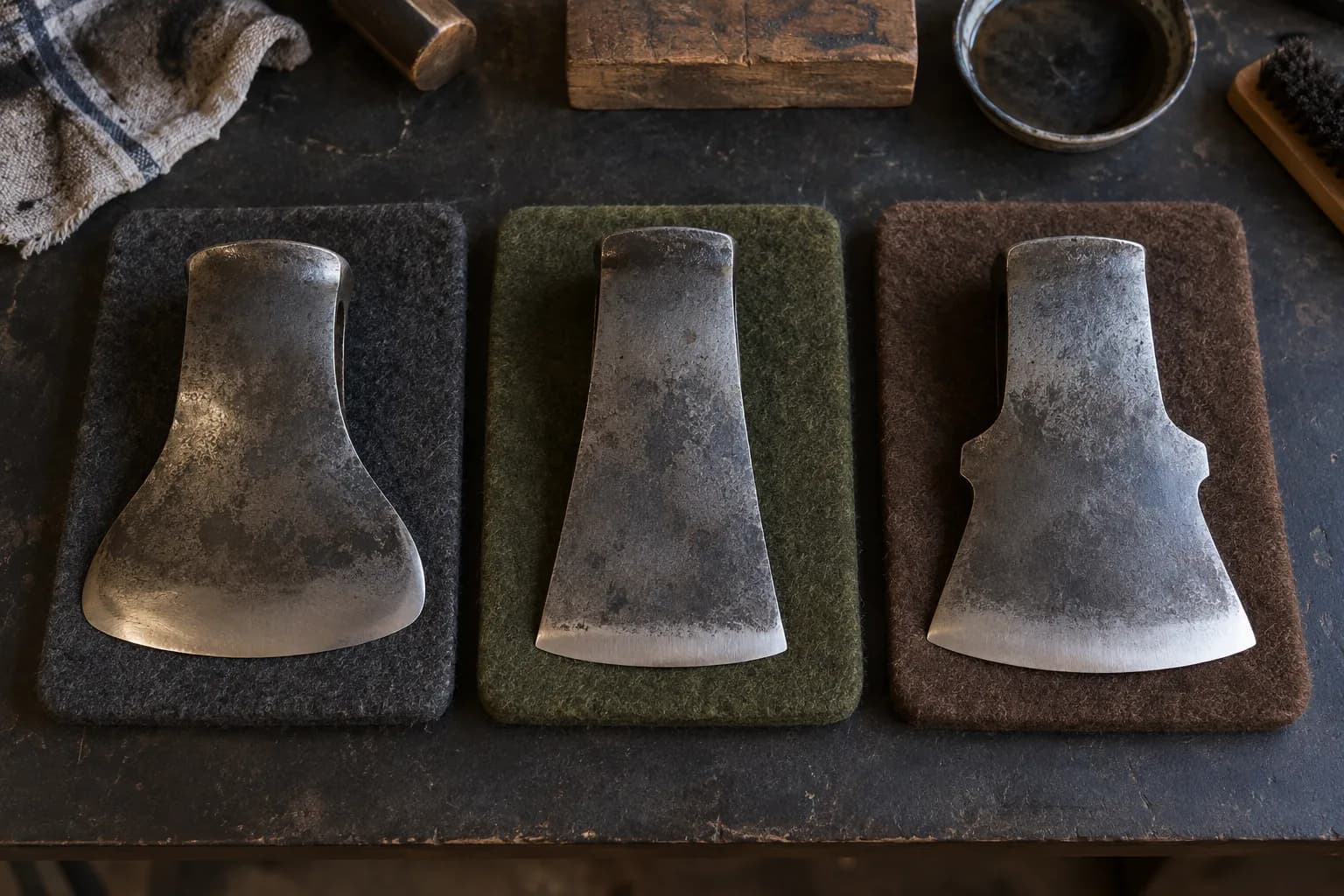 Three axe heads in side profile on grey, green and brown felt pads: a flared, a straight and a lugged pattern.