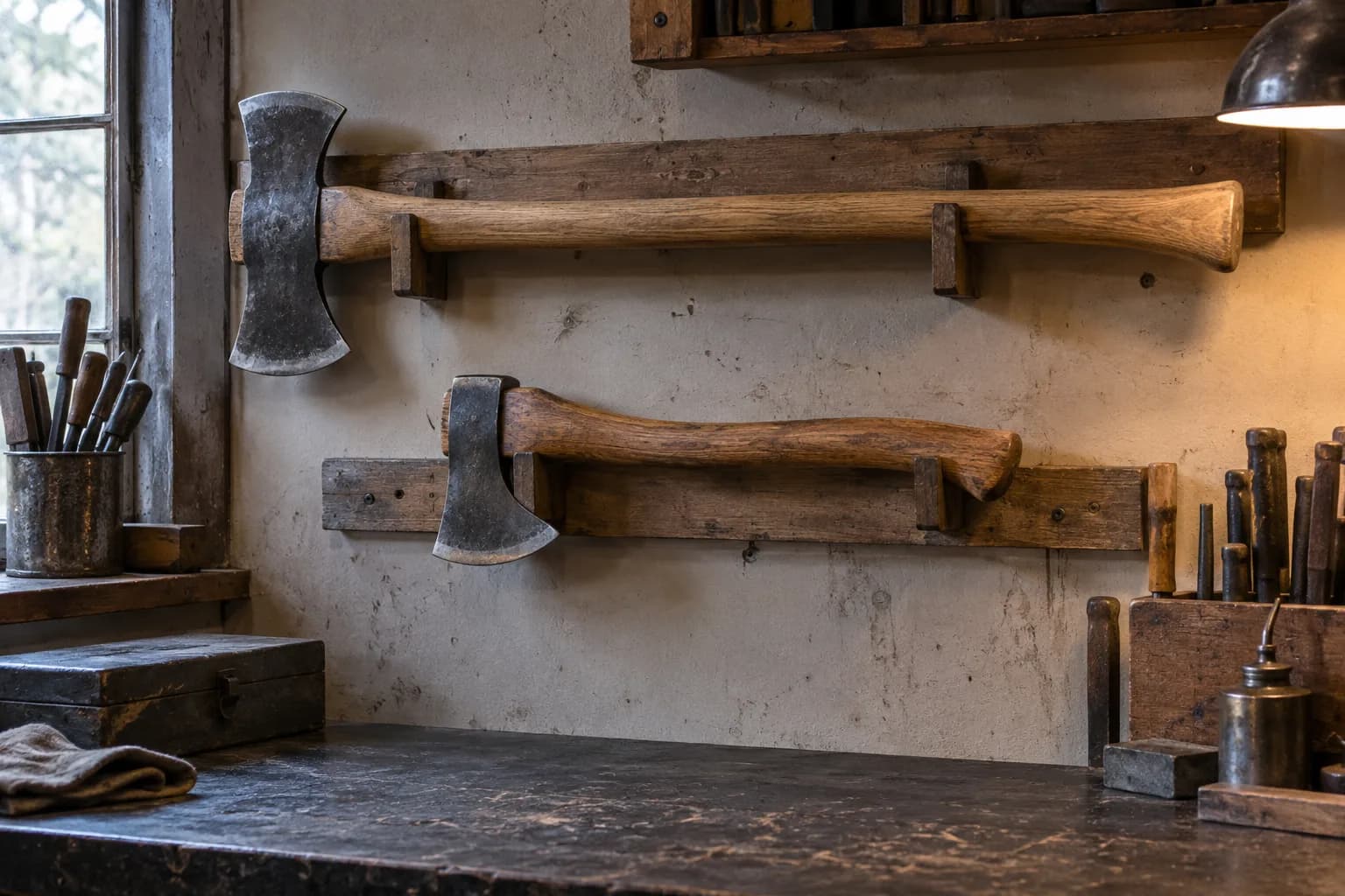 Long double-bit axe and shorter hafted camp axe resting on pegs of two wooden wall racks above a dark workbench.
