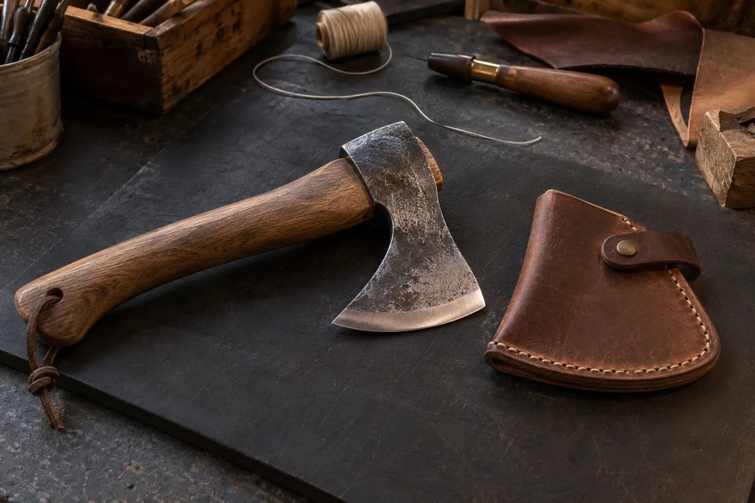 Small forged camp axe with an oak haft lying beside a stitched brown leather edge mask with a snap strap on a dark pad