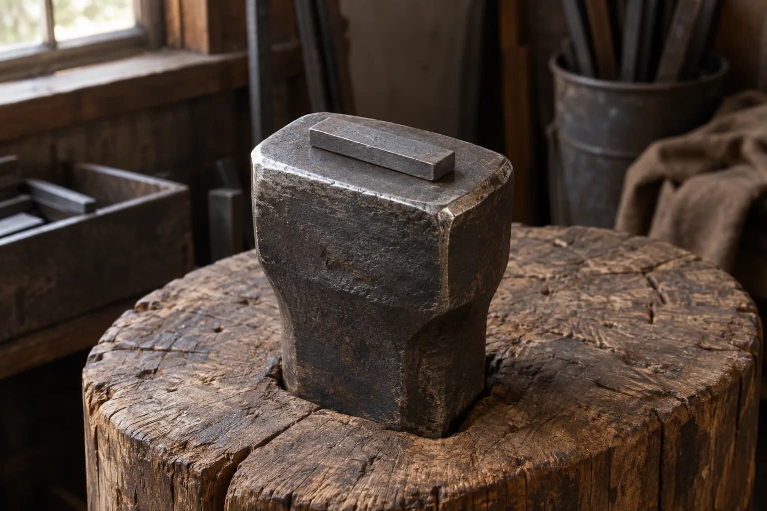 Short steel bar lying on the flat face of a heavy steel block seated in a weathered timber stump in a small shop.