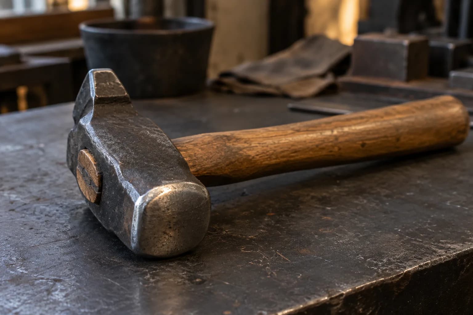 Cross-peen forging hammer lying on its side on a dark steel bench, its face crowned with softly rounded edges.