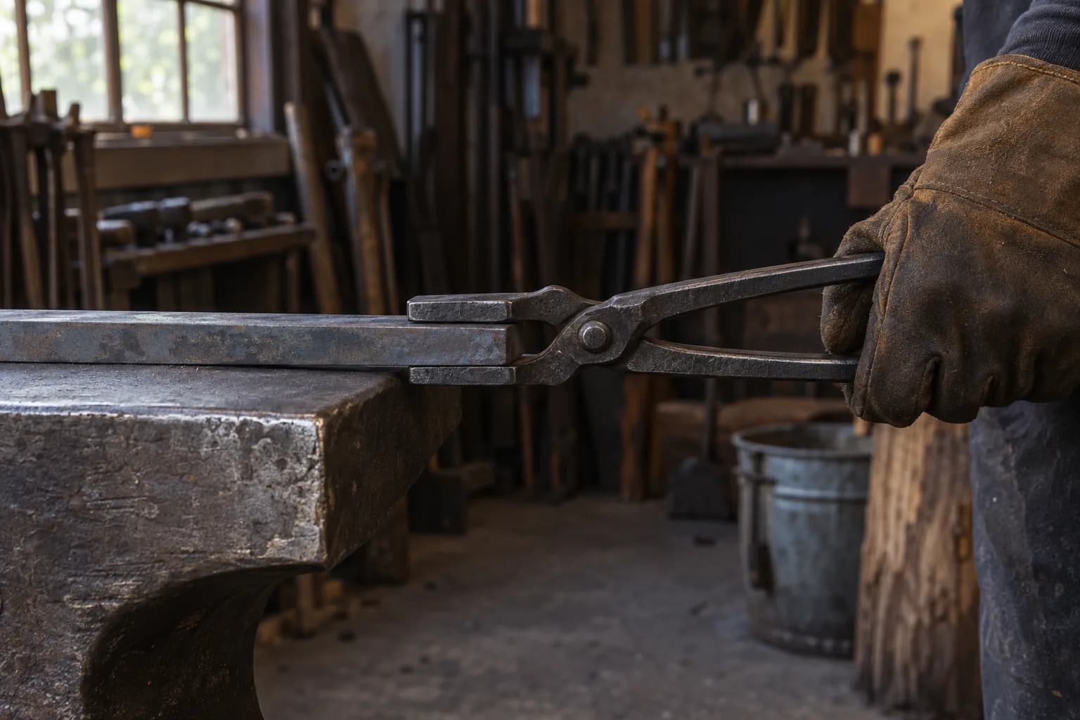 Flat-jaw tongs held in a leather glove, gripping a cold steel bar across its broad faces at the edge of an anvil.
