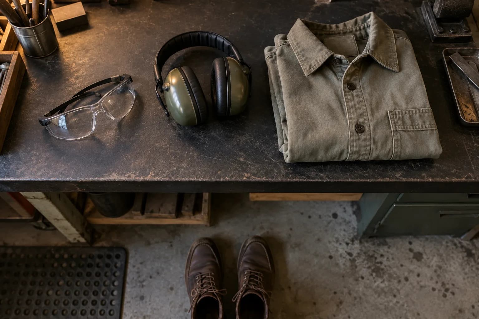 Overhead view of clear safety glasses, green earmuffs and a folded olive work shirt on a bench, with leather boots on the floor below.
