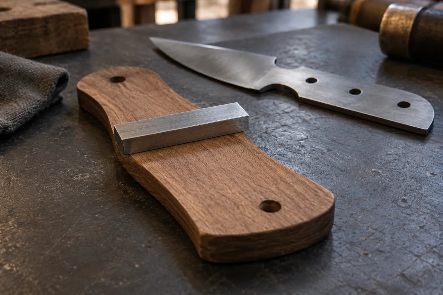 Steel straightedge bar resting across the flat face of a walnut handle scale, with a knife blank and tang beside it.