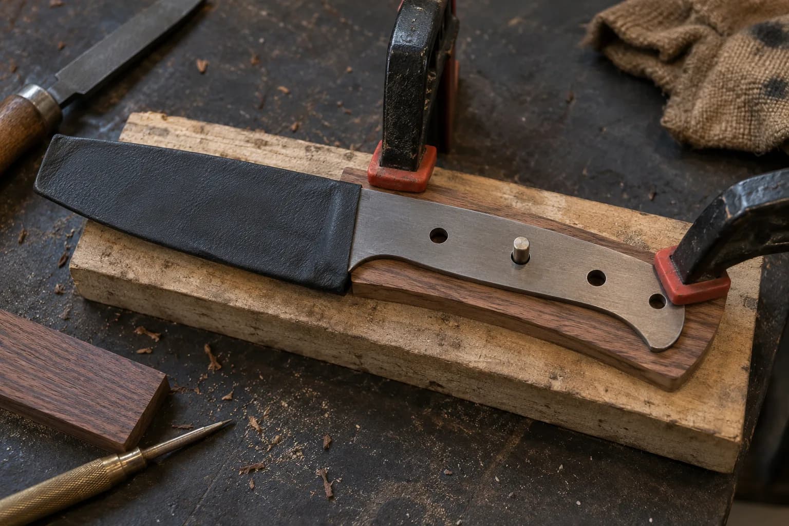 Knife tang with a leather-sleeved blade clamped on a walnut scale over a wood block, one pin in a tang hole.