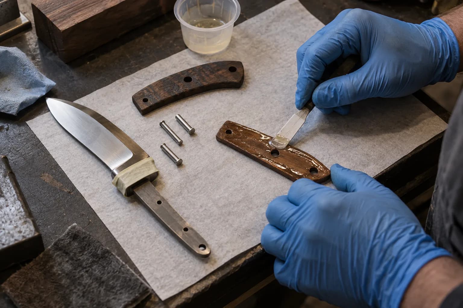 Blue-gloved hand spreading clear epoxy over a walnut handle scale with pins, a taped knife and a mixing cup alongside.
