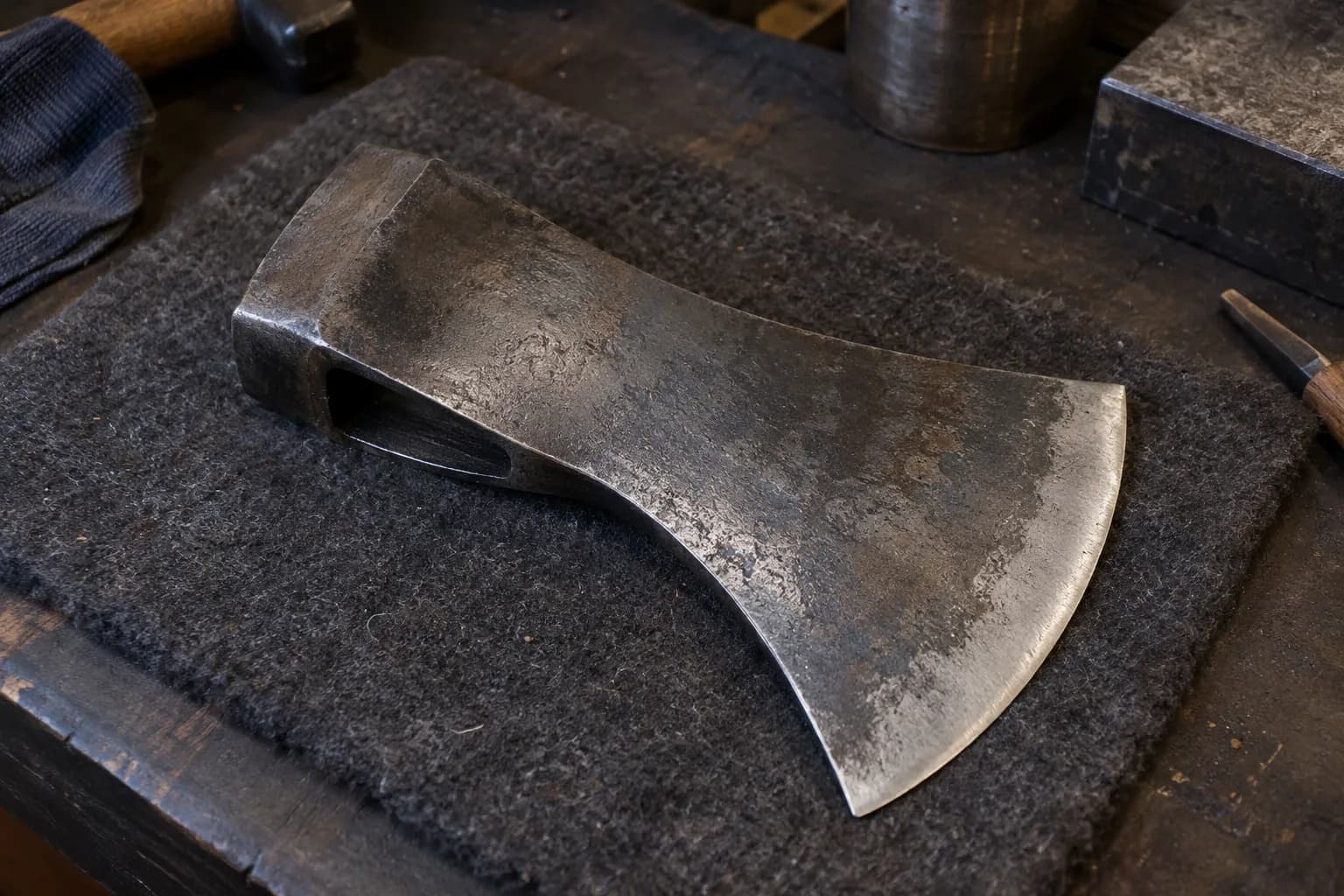 Detached bearded axe head lying on a felt pad, showing the eye opening, flat poll and curved bit