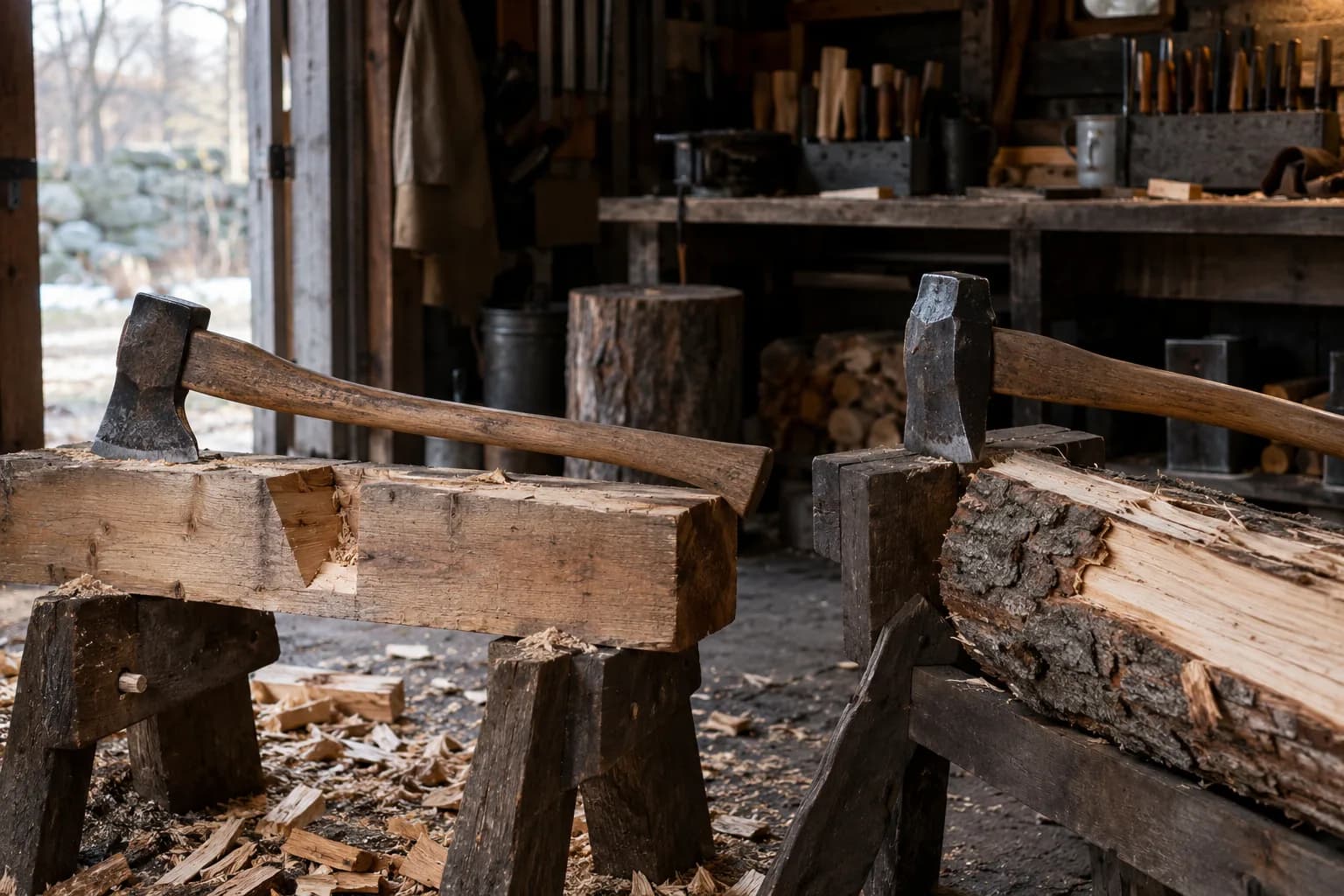 Felling axe resting on a notched timber and a splitting maul beside a split log, both on sawhorses in a workshop doorway